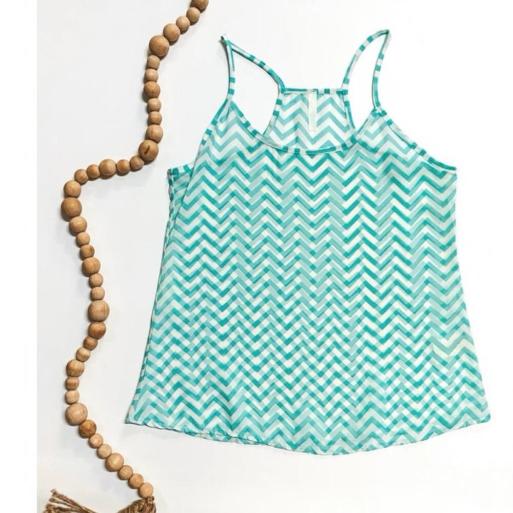 SHEER CHEVRON PRINT TANK TOP IN WHITE AND MINT